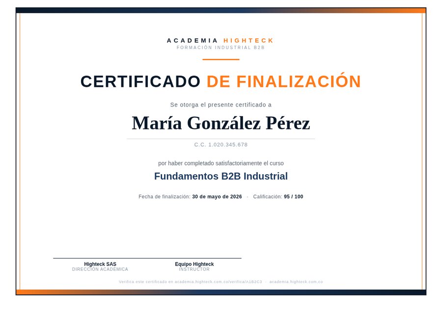 Certificado branded de Academia Highteck