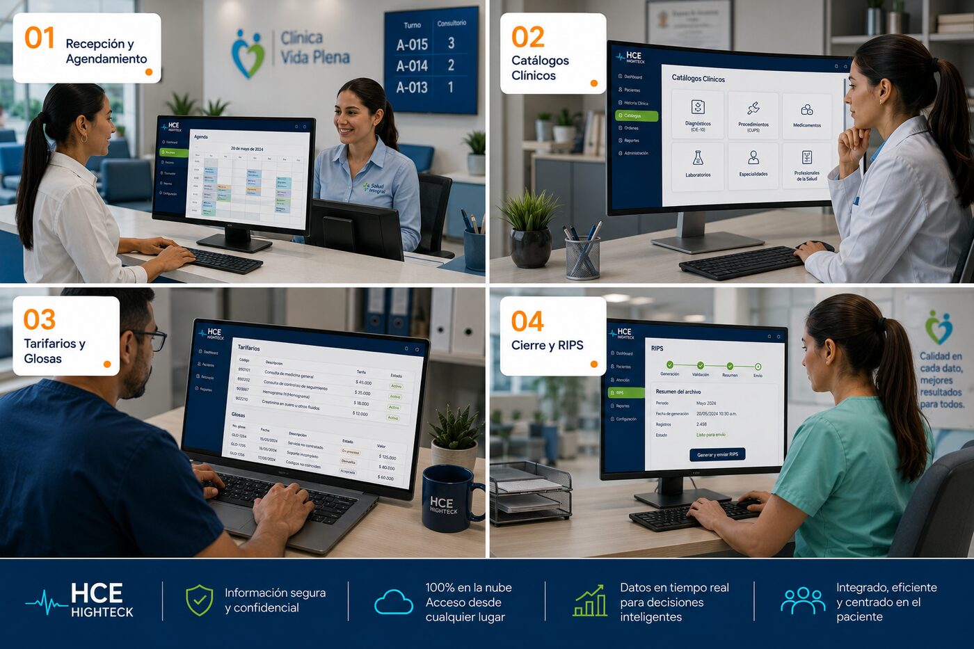 Módulos HCE Highteck — Recepción, Catálogos clínicos, Tarifarios y glosas, Cierre y RIPS