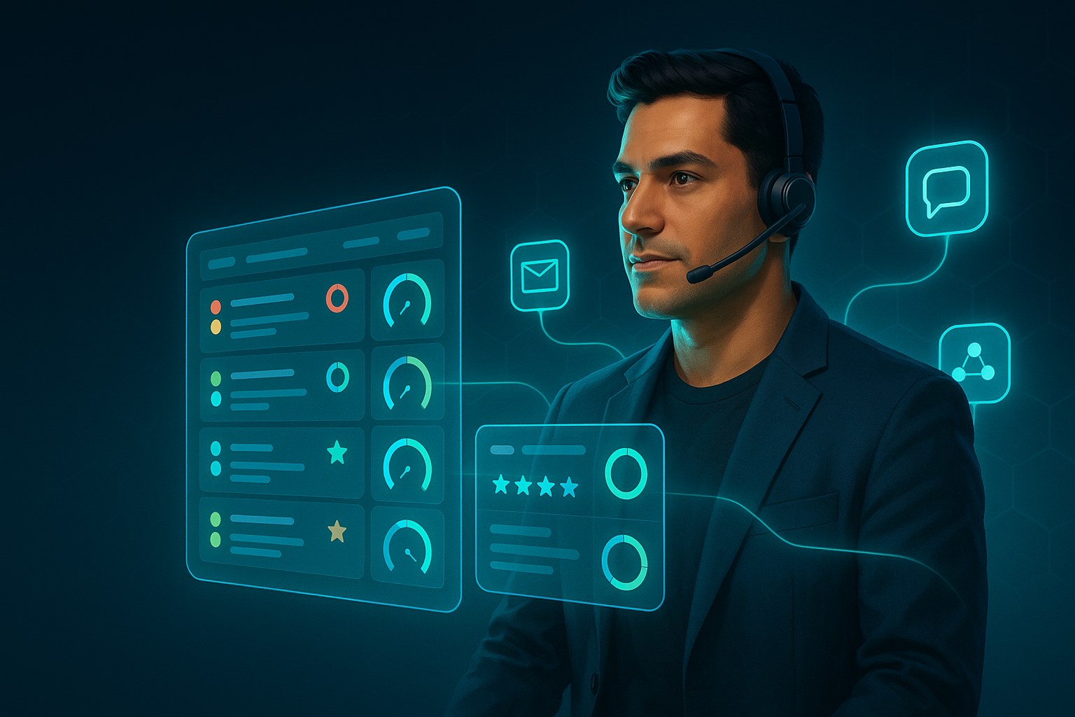 Agente Highteck con headset frente a un dashboard holográfico con tickets, SLA y CSAT