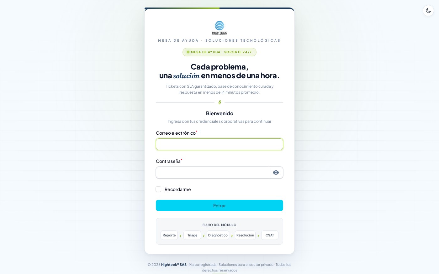 Login del agente con marca Highteck