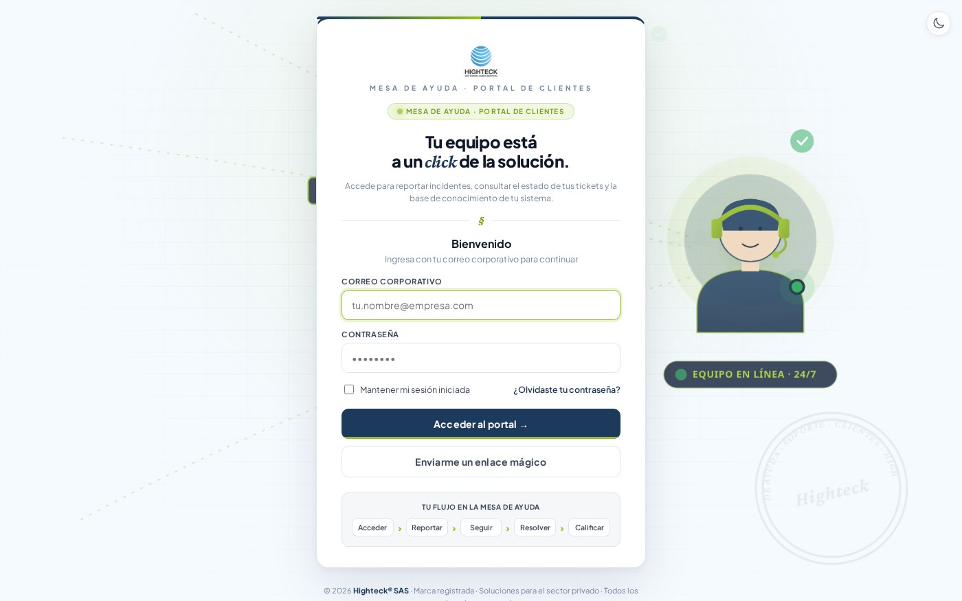 Login del portal cliente con equipo en línea 24/7