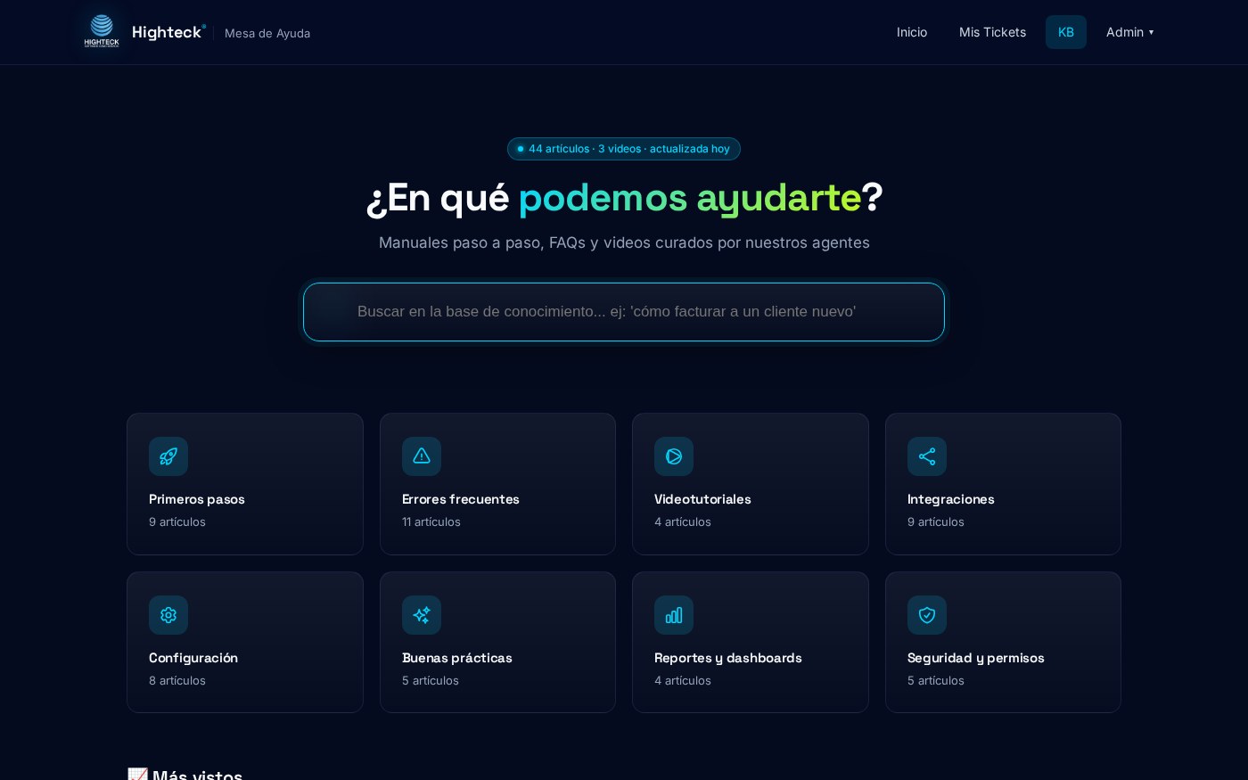Base de conocimiento con categorías destacadas
