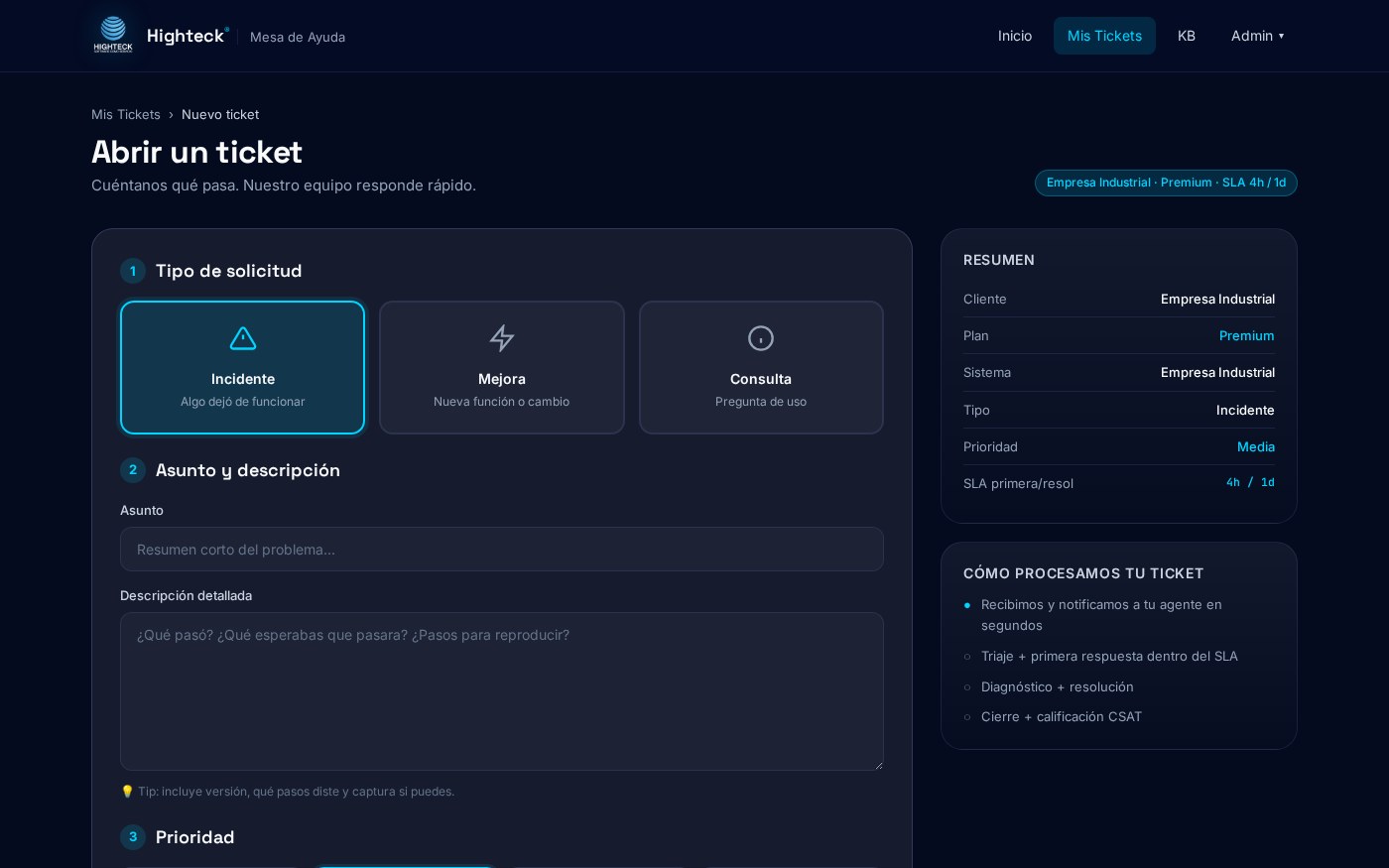 Formulario de nuevo ticket con tipo, asunto y prioridad