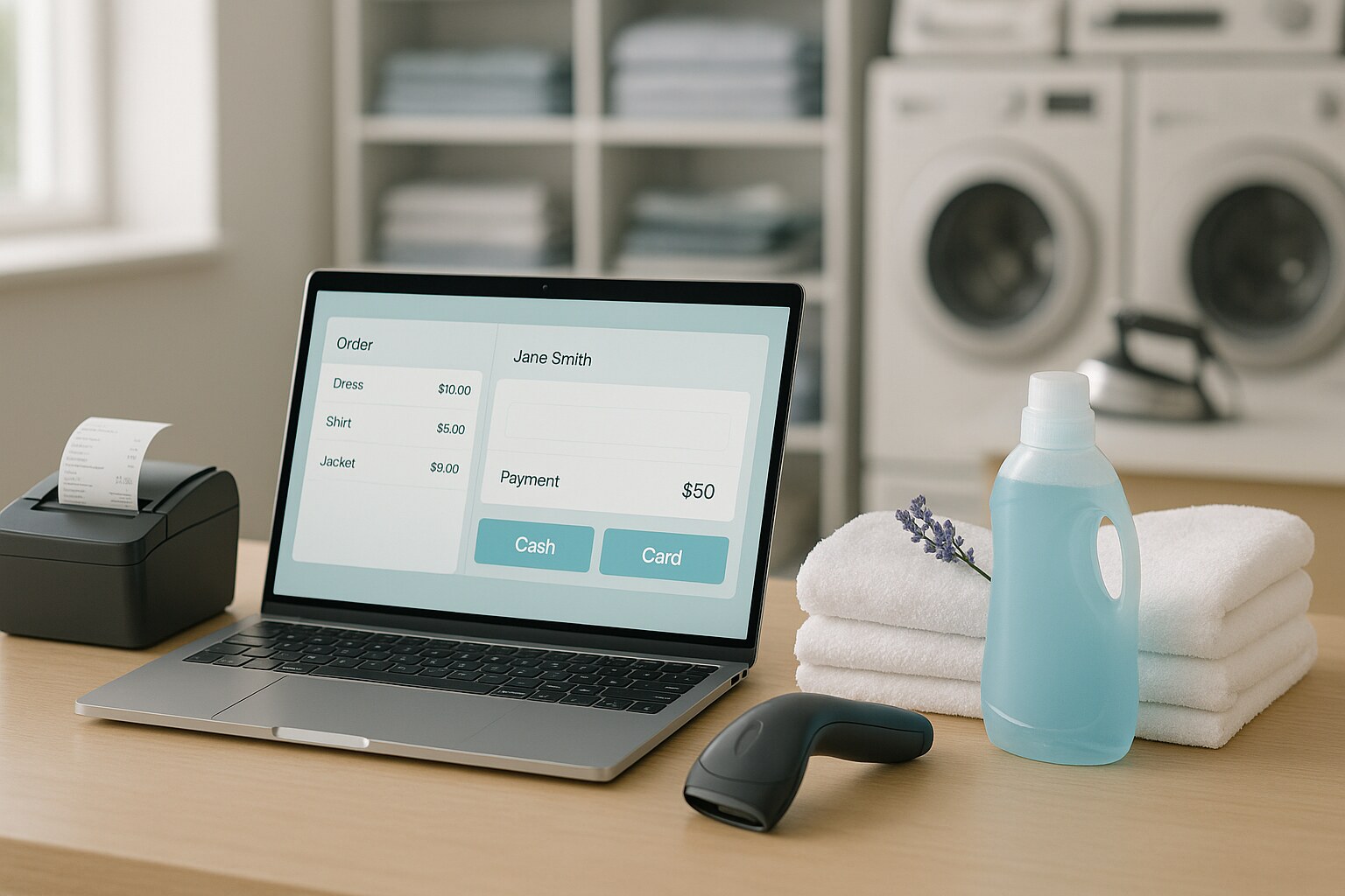 POS para lavanderías Highteck — pantalla con orden, código de barras y receipt printer