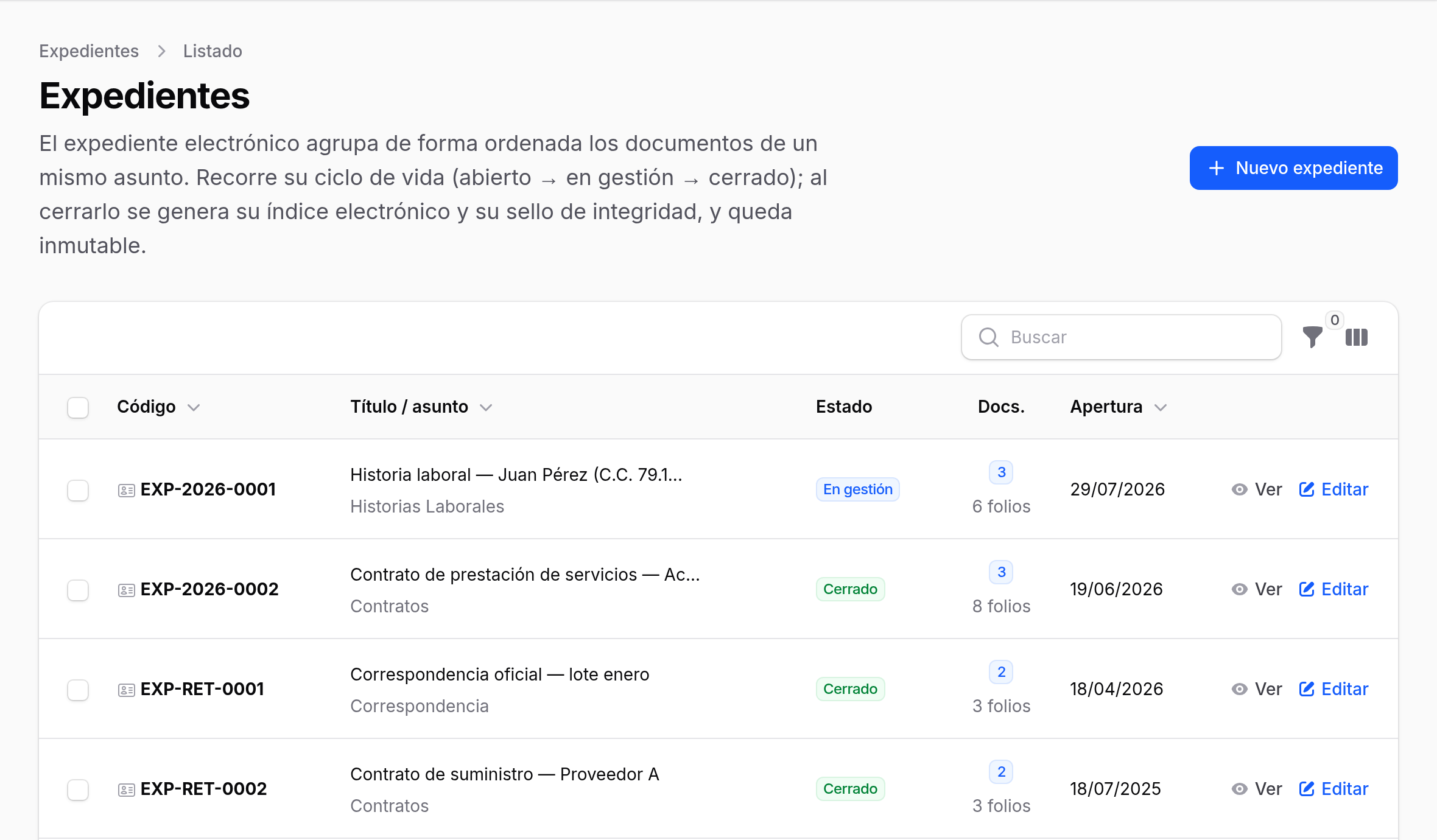 Listado de expedientes con su código, serie documental, estado, número de folios y fecha de apertura