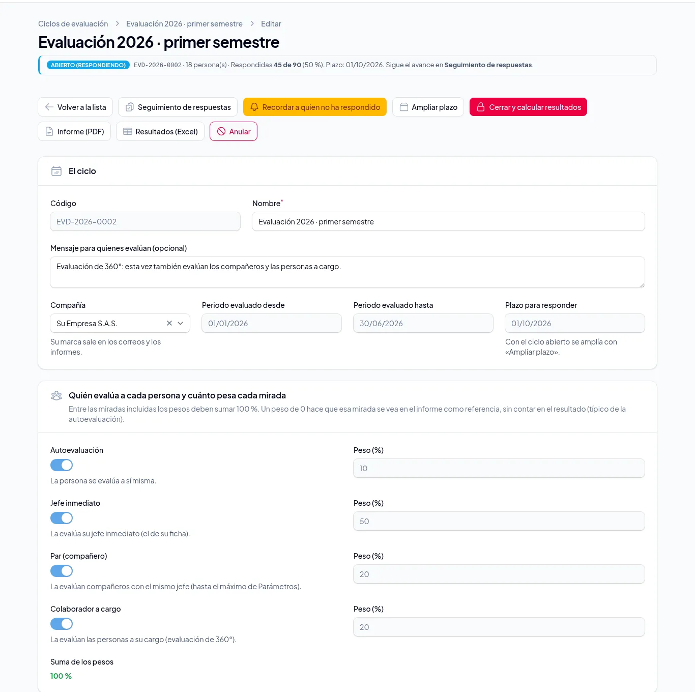 Configuración de un ciclo de evaluación con los pesos de cada tipo de evaluador