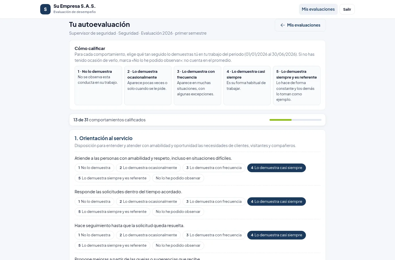 Formulario de autoevaluación con la escala y los comportamientos de cada competencia