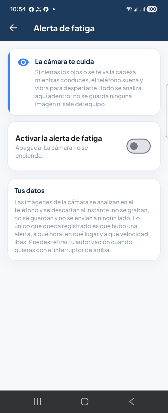 Pantalla de la aplicación donde el conductor autoriza la alerta de fatiga por cámara