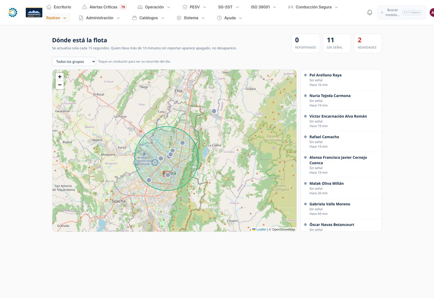 Mapa en vivo de Fleet con la ubicación de los conductores de la flota y las geocercas definidas por la empresa