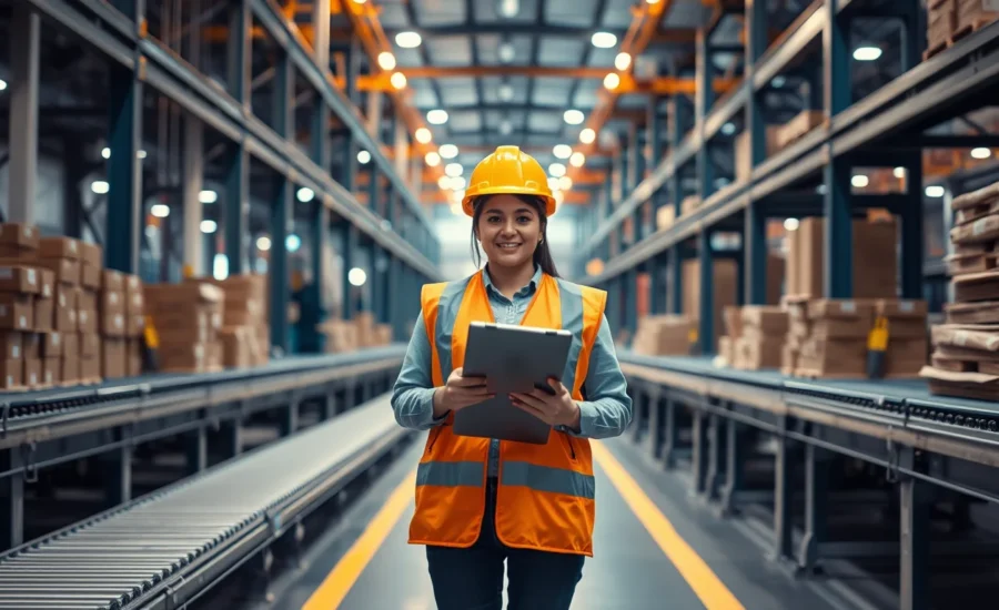 Supervisora de planta usando el ERP en una tableta en la línea de producción
