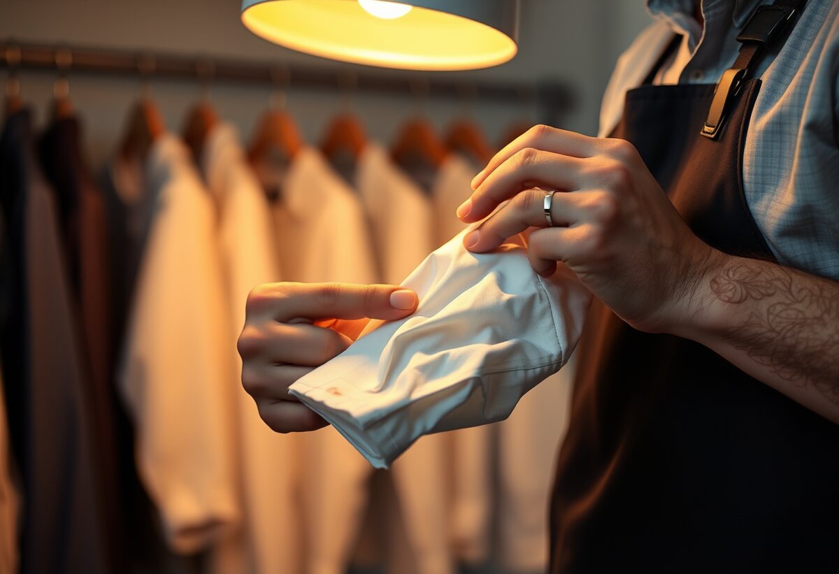 Manos de un operario revisando la manga de una camisa y señalando una mancha