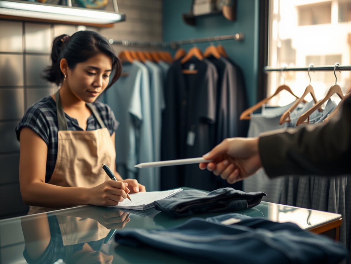 Empleada de una lavandería anotando el recibo mientras el cliente entrega la ropa en el mostrador