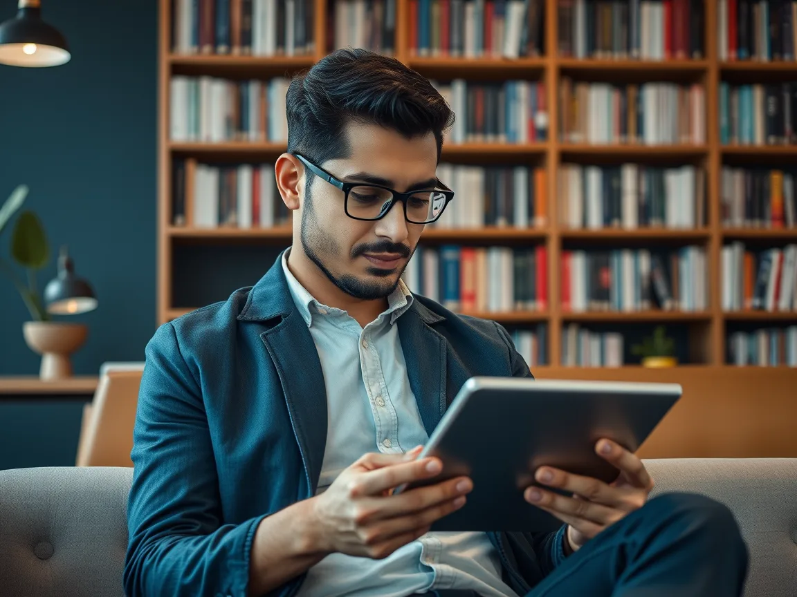 Profesional leyendo un artículo en su tableta