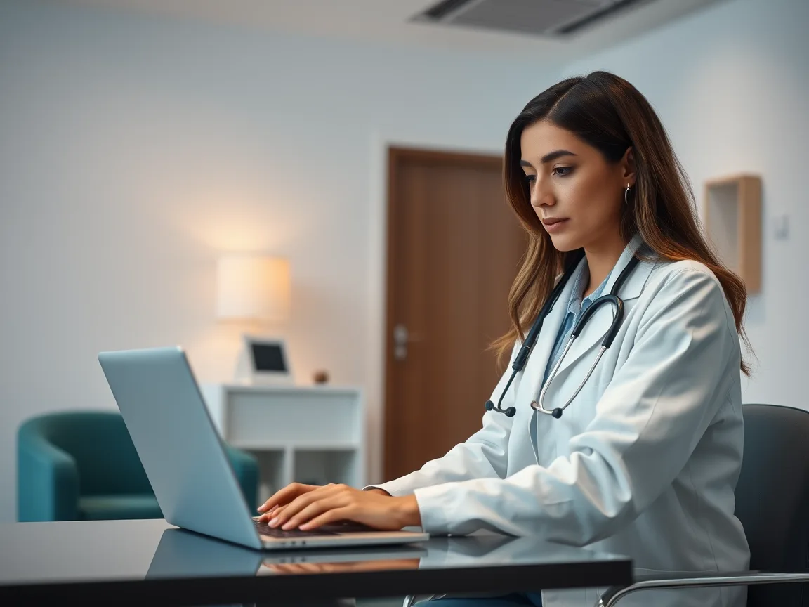 Médica atendiendo a un paciente mientras registra la consulta