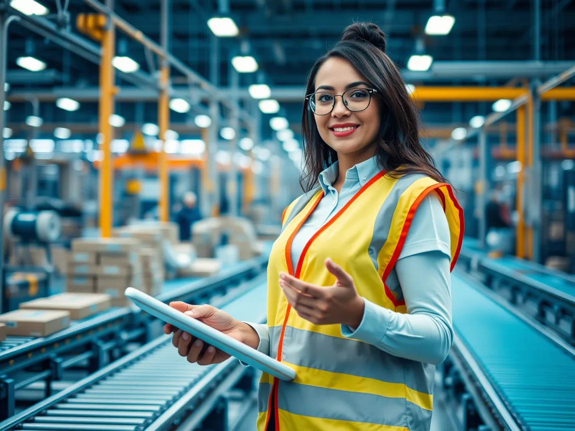 Supervisora de producción con una tableta en la planta
