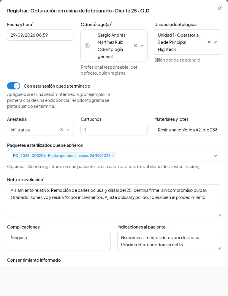 Ventana para registrar una resina con anestesia, materiales, paquete esterilizado y nota de evolución