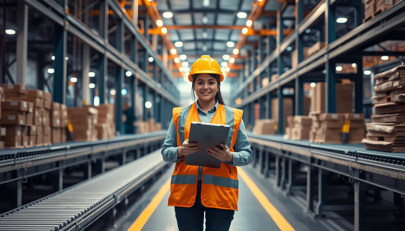 Supervisora de planta usando el ERP en una tableta en la línea de producción