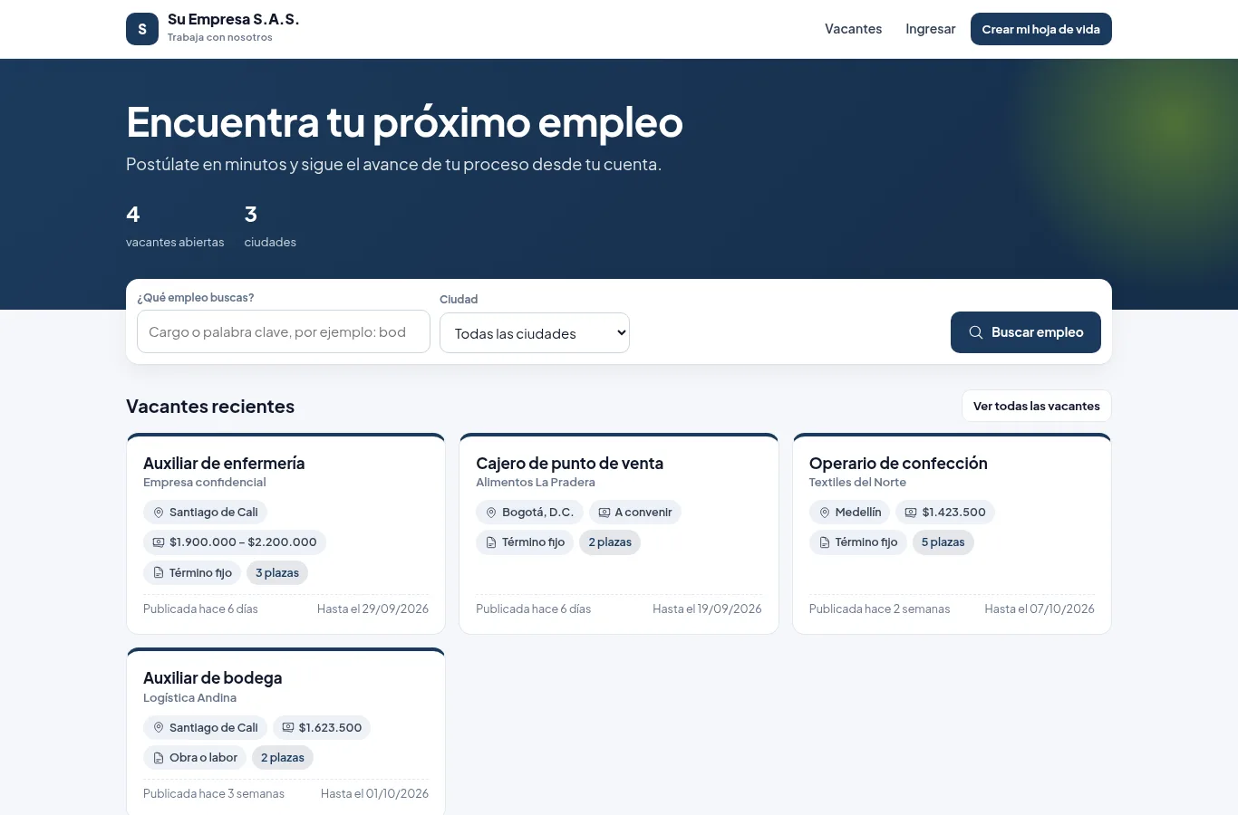 Portal de empleo con búsqueda por cargo y ciudad y vacantes recientes