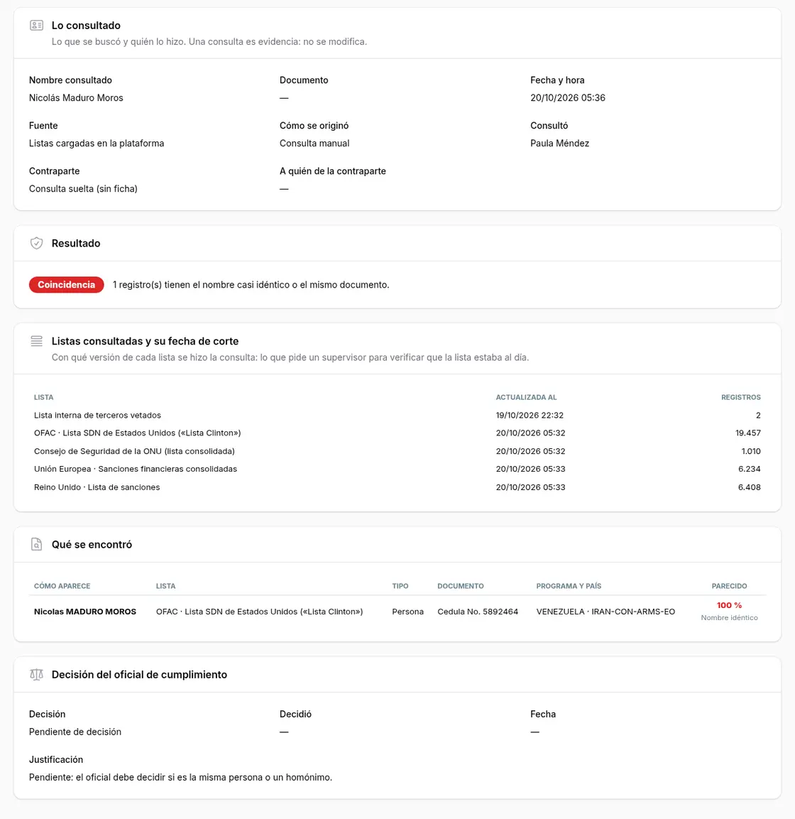 Consulta en listas con una coincidencia en la lista OFAC y la fecha de corte de cada lista consultada