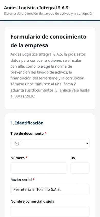 Formulario de conocimiento de la contraparte abierto en un celular