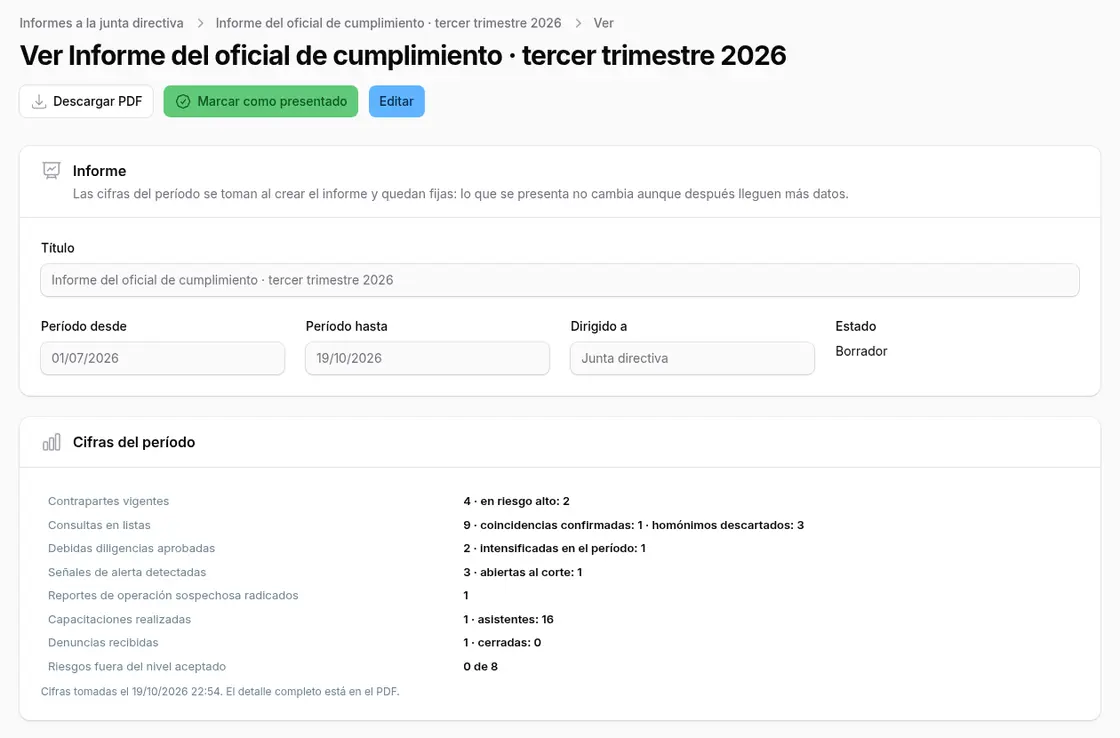 Informe del oficial de cumplimiento a la junta con las cifras del trimestre