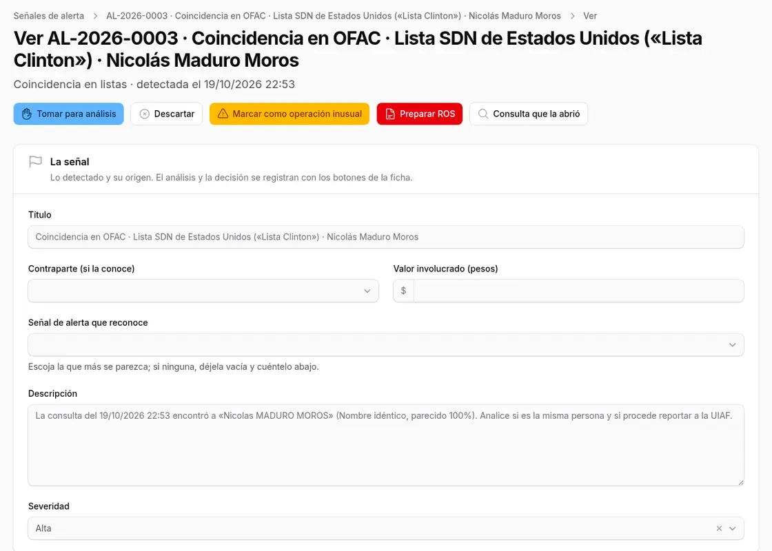 Señal de alerta por coincidencia en la lista OFAC con los botones para analizarla o preparar el ROS
