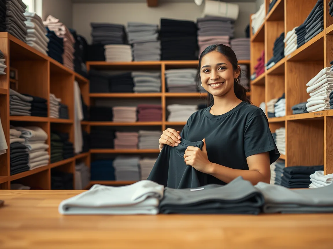 Dueña de un almacén de ropa doblando una camiseta negra en el mostrador, con estantes de camisetas detrás