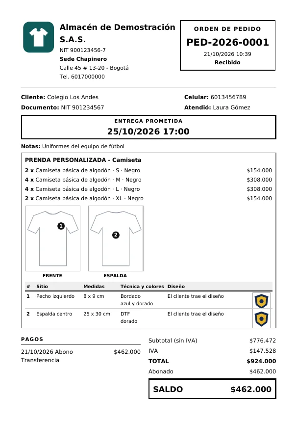 Orden de pedido en media carta con la camiseta de frente y de espalda, los estampados numerados y el saldo
