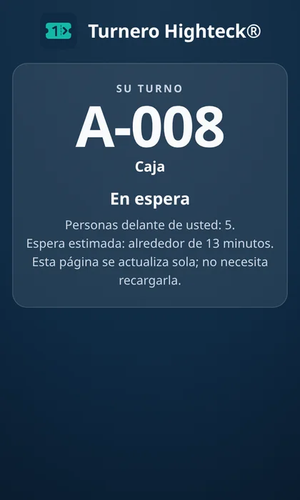 Turno seguido desde el celular con cinco personas delante y una espera estimada de 13 minutos