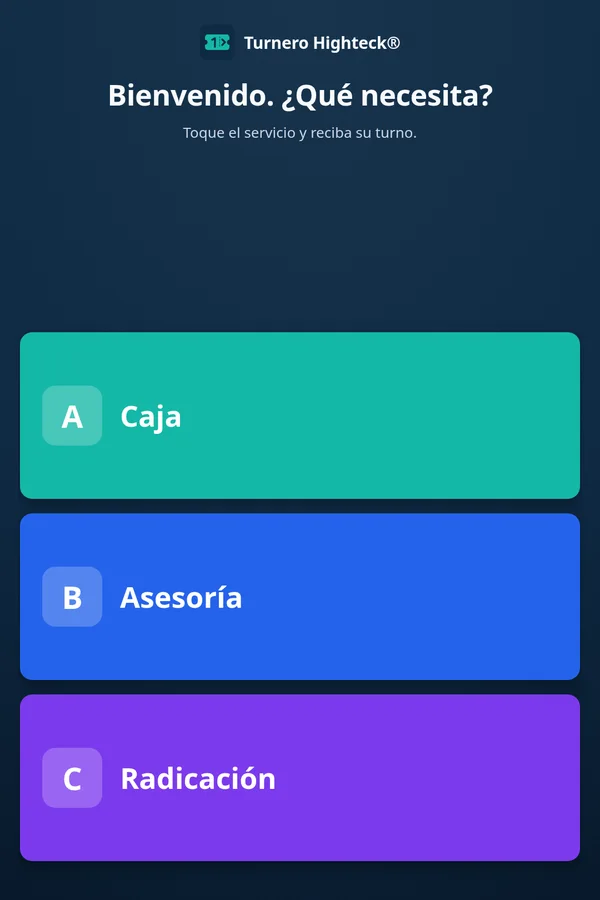 Kiosco táctil con los servicios Caja, Asesoría y Radicación en botones de colores